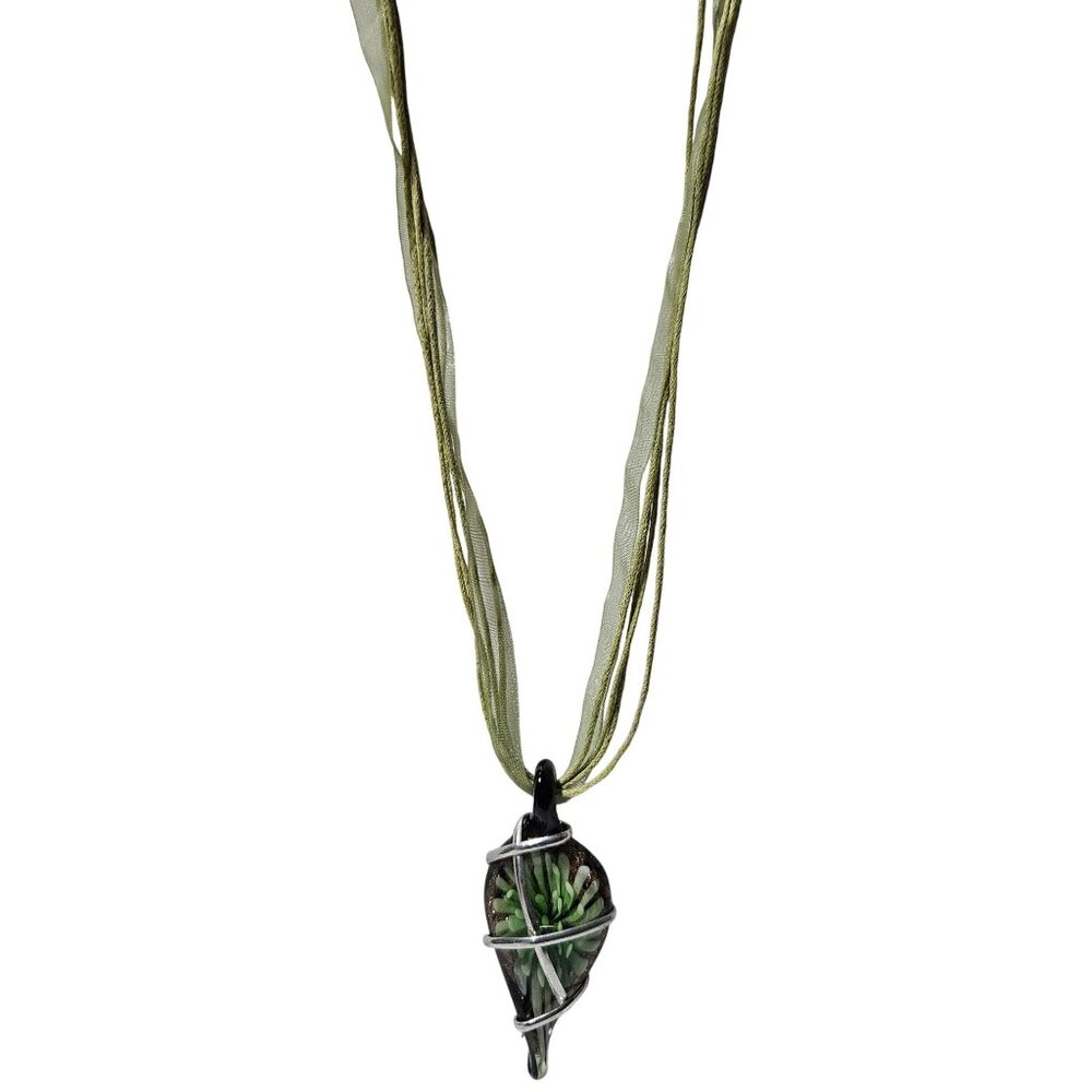 Handcrafted Green Glass Pendant Necklace Silver Wire Wrap Boho Nature Jewelry
